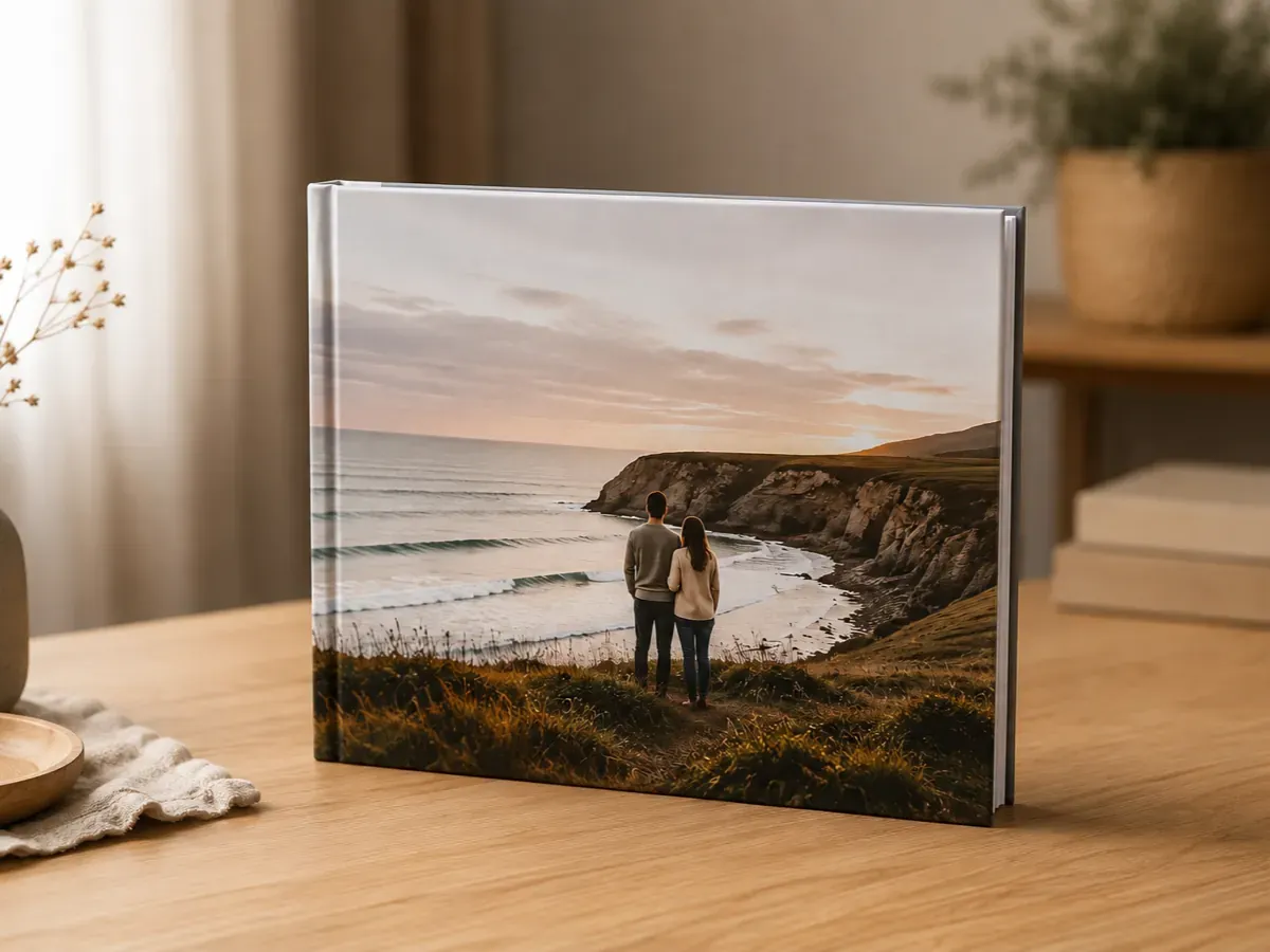 Livre photo à couverture rigide posé sur une table, avec une photo de couple face à l’océan en couverture