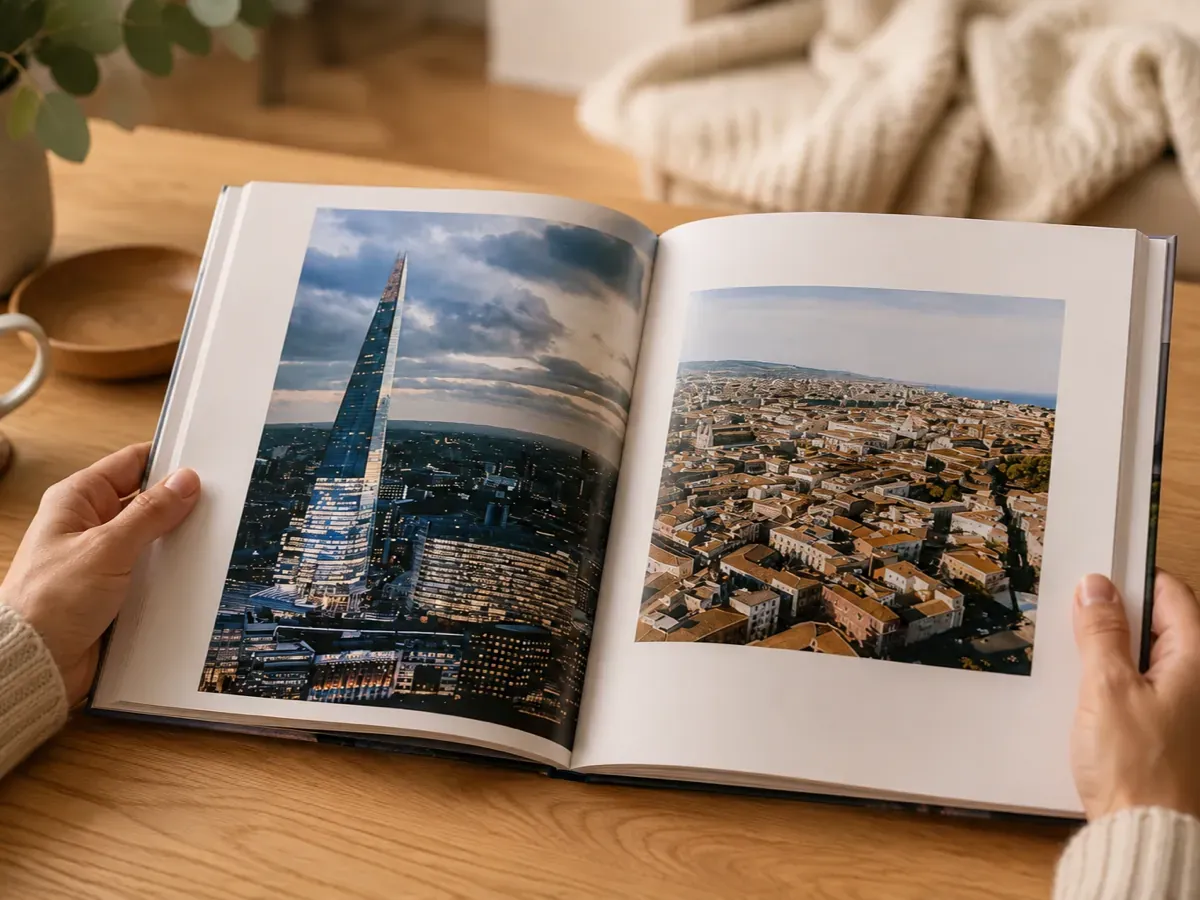 Livre photo rigide ouvert sur une double page de photos de voyage