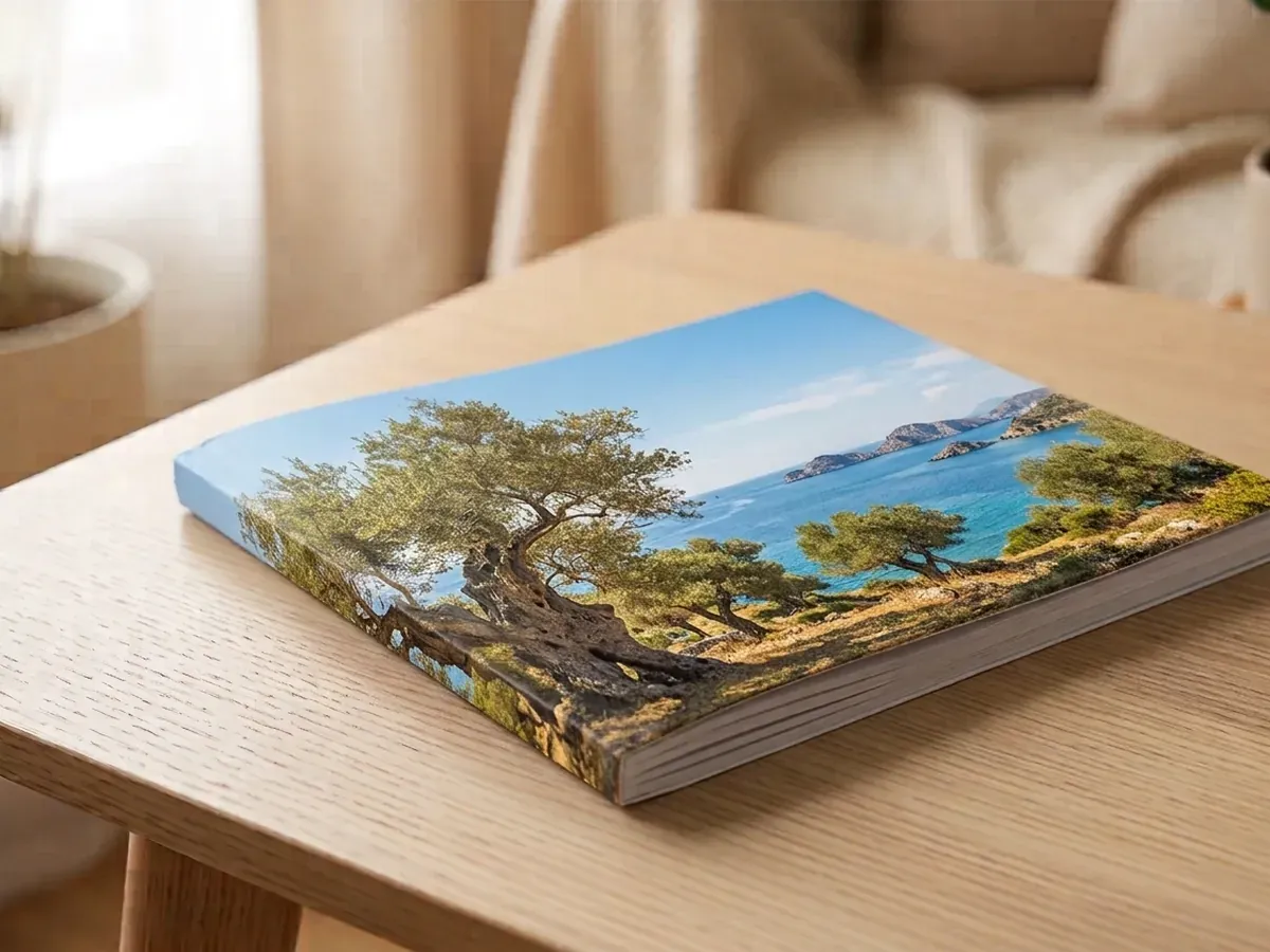 Livre photo à couverture souple posé sur une table basse