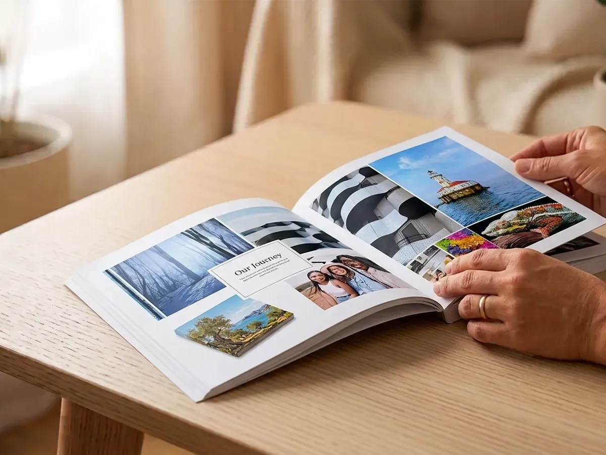 Livre photo souple ouvert sur une mise en page multi-photos
