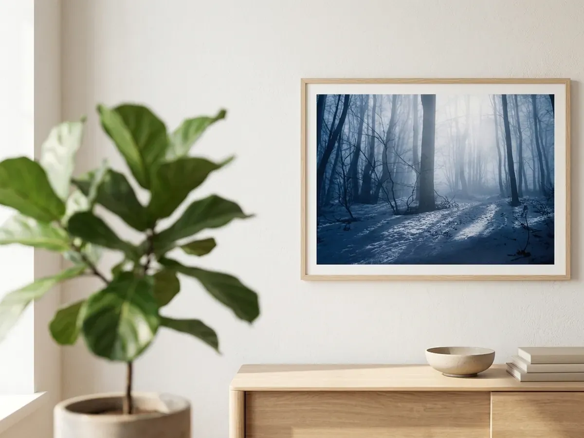 Poster encadré d’une forêt enneigée accroché au-dessus d’un buffet